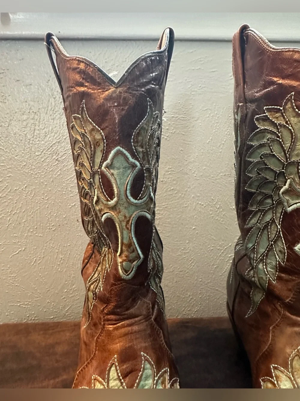 Rock N Soul Couture Embroidered Copper Leather Cowboy Boots Turquoise Accents - Picture 4 of 11